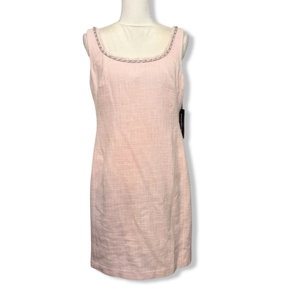 NWT Karl Lagerfeld Blush Pink Tweed Textured Mini Dress Silver Chain Trim New